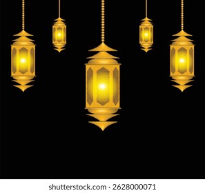 Traditional golden Arabic and Ramadan Lanterns with Glowing Lights and Islamic Festival Elements Vector