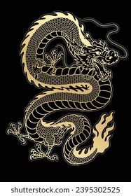 Traditional Golden Asian Dragon Illustration on Black Background