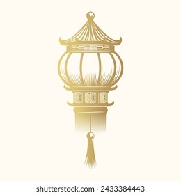Traditional golden Chinese lantern with tassel. Symbol of good luck and happiness. Vector illustration for design of cards, invitations, covers and banners.