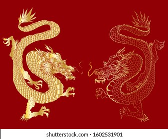 Traditional Golden Japanese dragon vector for wealth and rich background.