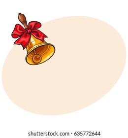 Traditional golden school bell with red ribbon, hand drawn sketch style vector illustration with space for text. 