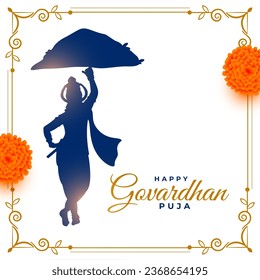 traditional govardhan puja wishes background with krishna silhouette vector. Translation: Goverdhan Puja means worship of Govardhan mountain.
