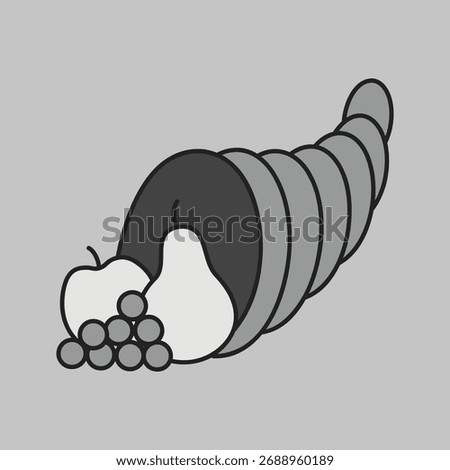 A traditional grayscale icon of a cornucopia, overflowing with a bountiful harvest of autumn vegetables and fruits. A perfect symbol of abundance and gratitude for Thanksgiving and seasonal designs.