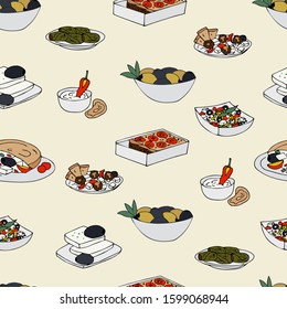 Traditional Greece food seamless. Hand drawn vector national meals pattern. Background with outline drawn food for restaurant and cafe.