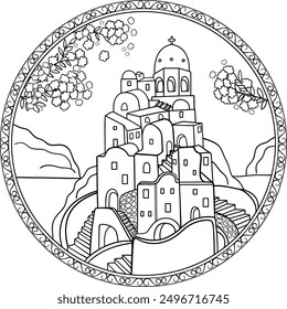 Traditional Greece island cave housing island coloring page. Santorini coloring page