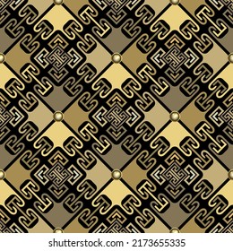Patrón tridimensional gris tradicional. Fondo del vector ornamental dorado. Fondo ornamentado de repetición con patrones. Ornamentos robus geométricos con botones de oro 3d. Diseño moderno y bonito. Textura de superficie.