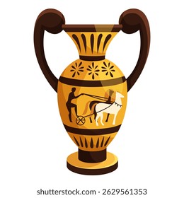 Traditional Greek amphora featuring chariot and horse artwork, flat graphic style, isolated on white background. Concept of ancient pottery. Vector illustration