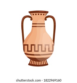 Traditional greek antique vase with handles decorated by Hellenic ornaments vector flat illustration. Ancient pottery or ceramic amphora with design elements isolated on white. Clay jar or jug