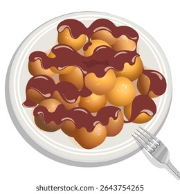 Traditional Greek cuisine. Crispy and fluffy Greek donuts (loukoumades) with chocolate sauce on a large plate. Vector illustration of food from around the world. View from above.