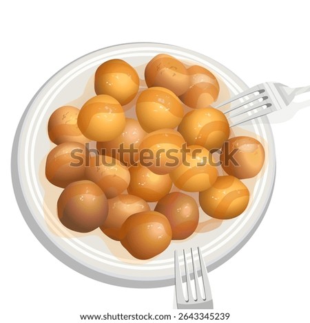 Traditional Greek cuisine. Crispy and fluffy Greek donuts (loukoumades) served with honey and cinnamon on a large plate. Vector illustration of food from around the world. View from above.