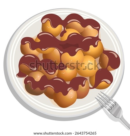 Traditional Greek cuisine. Crispy and fluffy Greek donuts (loukoumades) with chocolate sauce on a large plate. Vector illustration of food from around the world. View from above.