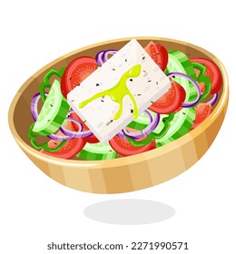 Cocina griega tradicional. Ensalada griega (Choriatiki) famosa con tomate, pepino, cebolla, pimienta verde y queso Feta sobre fondo blanco. Ilustración vectorial.