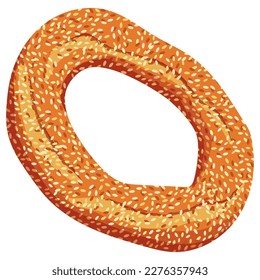 Traditional Greek cuisine. Freshly baked bagel from Thessaloniki (Koulouri) with sesame. Food vector illustration on white background.