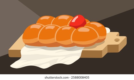 Traditional Greek cuisine. Freshly baked fluffy Easter sweet braided bread Tsoureki with red egg on a cutting board. Food vector illustration on a dark background.