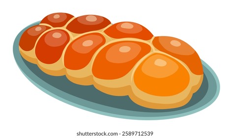 Traditional Greek cuisine. Freshly baked fluffy sweet braided bread Tsoureki on a plate. Food vector illustration on a white  background.