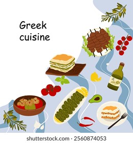 Traditional Greek cuisine. Moussaka, gemista, souvlaki, dolma, spanakopita. Greek cuisine. Food collection