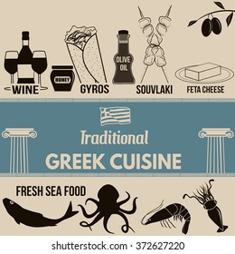 Traditional Greek Cuisine Poster With Greek Food Elements On Retro Background , Vector Illustration