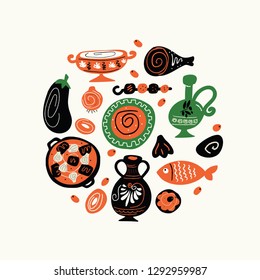 Traditional greek food. Funny hand drawn illustration with food elements in circle. Made in vector