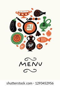 Traditional greek food. Funny hand drawn illustration with food elements in circle. Made in vector.