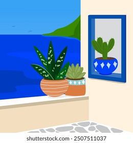 Traditional Greek island house with view at the Mediterranean sea in summer. Cobblestone alley street and plants in pretty colorful planter pots. Vector illustration