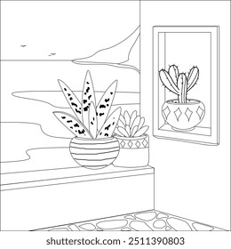 Traditional Greek island house with view at the Mediterranean sea in summer. Cobblestone alley street and plants in pretty planter pots. Vector black and white coloring page.