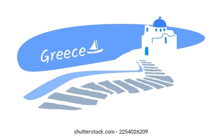 Traditional Greek island landscape. Church, stairs and sail boat summer scene. Vector illutration