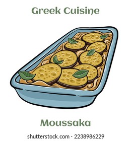 Traditional greek moussaka on white background. Isolated vector illustration. 