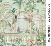 Traditional Greek Mughal garden, roman arch, palace, parrot, bird seamless vector pattern