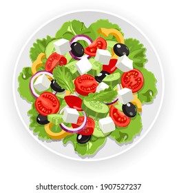 Traditional greek salad on a white platter. Tomatoes, cucumbers, feta cheese, lettuce leaves, olives, sweet peppers and onions. Top view vector illustration on a white background. Horiatiki