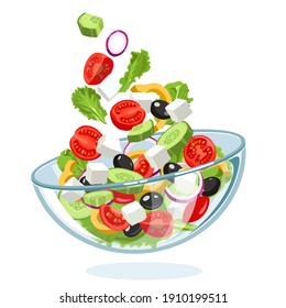 Traditional Greek salad with slices of feta cheese, tomatoes, olives, flying in the air to a glass bowl on a white background. Horiatiki