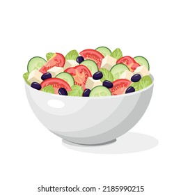 Traditional Greek salad with slices of feta cheese, tomatoes, cucumbers, olives on a white background.