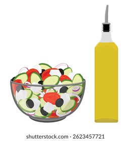 Traditional Greek salad with slices of feta cheese, tomatoes and olives in a glass bowl, and a bottle of fresh olive oil, isolated on white background. Traditional Horiatiki recipe vector illustration