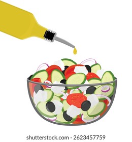 Traditional Greek salad with slices of feta cheese, tomatoes and olives in a glass bowl, and a bottle of fresh olive oil, isolated on white background. Traditional Horiatiki recipe vector illustration