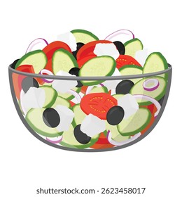 Salada grega tradicional com fatias de queijo feta, tomates, azeitonas em taça de vidro isolada sobre fundo branco. Ilustração tradicional do vetor da receita de Horiatiki