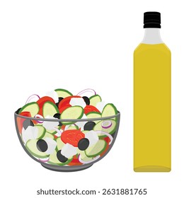 Traditional Greek salad with slices of feta cheese, tomatoes and olives in a glass bowl, and a bottle of fresh olive oil, isolated on white background. Traditional Horiatiki recipe vector illustration