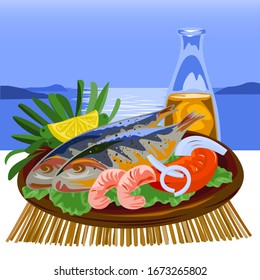 Traditional greek seafood dish on the background of the sea landscape.