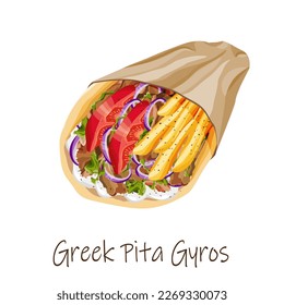 Traditional Greek souvlaki Pita Gyros with pork, fried potatoes, tomato, onion, lettuce and tzatziki sauce wrapped in a fluffy pita. Famous Greek fast food. Vector illustration. Greek cuisine.