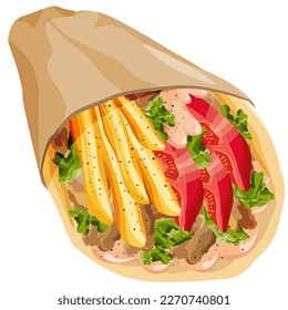 Traditional Greek souvlaki Pita Gyros with chicken, fried potatoes, tomato, lettuce and sauce wrapped in a fluffy pita on a white background. Famous Greek street food. Vector illustration.