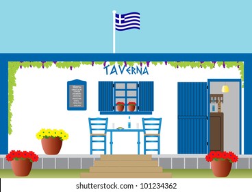 A Traditional Greek Taverna with drinks of ouzo and olives on Table and Colouful Flowers surrounded by a Grapevine with Greek Flag flying in background