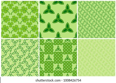 Traditional green celtic style braided knots, triquetra symbols and clover leaves seamless patterns set. Irish St. Patrick's day vector backrounds.