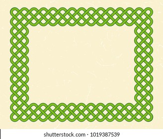 Traditional green celtic style braided knot frame over textured vintage background.