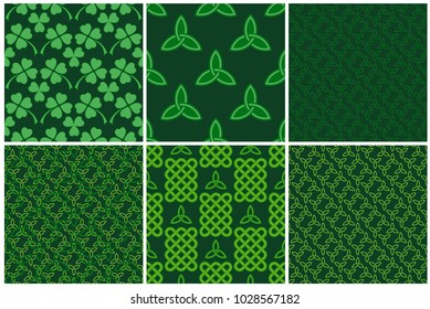 Traditional green celtic style braided knot seamless patterns set. Irish St. Patrick's day vector backround illustration.