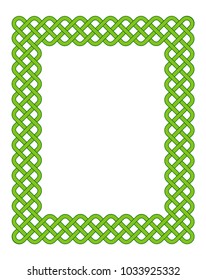 Traditional green celtic style braided knot frame isolated over white. Irish St. Patrick's day vector backround.