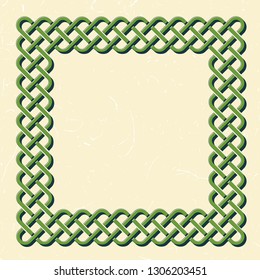 Traditional green celtic style braided knot frame over textured vintage background.