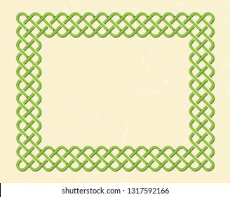 Traditional green celtic style braided knot frame over textured vintage background.