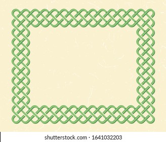 Traditional green celtic style braided knot frame over textured vintage background.