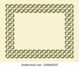 Traditional green celtic style braided knot frame over textured vintage background.