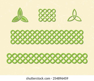 Traditional green celtic style braided knot borders and elements over textured vintage background.