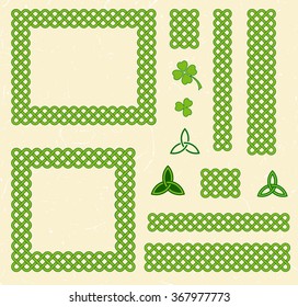 Traditional green celtic style braided knot frames, borders and elements over textured vintage background.