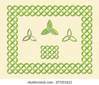 Traditional green celtic style braided knot frame and elements.